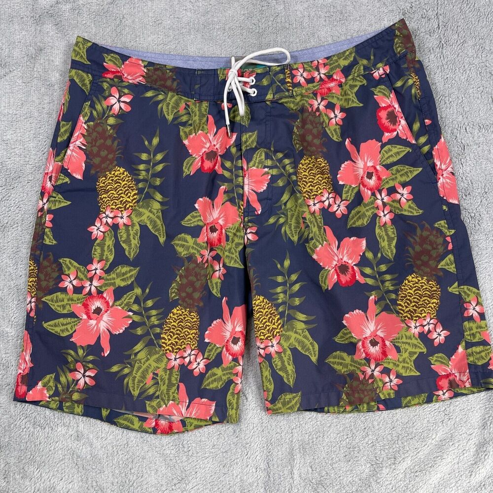 Bonobos Swim Trunk Men's 34 Navy Blue Floral Pattern Mesh Lined Slash Pocket
